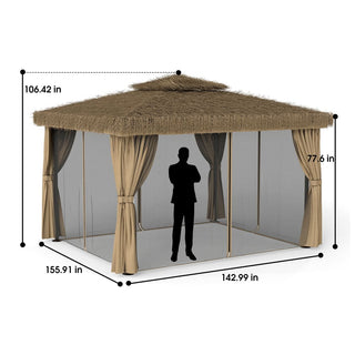 10FT×12FT Outdoor Patio Gazebo - Hawaiian Style Thatch Roof, Double Canopy, Aluminum Frame with Mosquito Net & Privacy Curtain