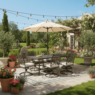 7-Piece Cast Aluminum Outdoor Dining Set - Hollow Table with Umbrella Hole & Swivel Rocking Chairs