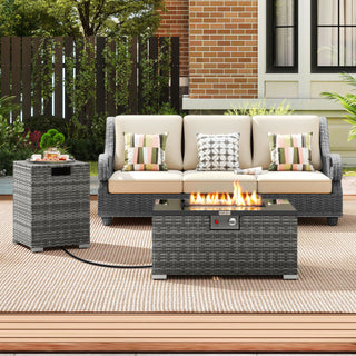 2-Piece Outdoor Rattan Fire Table Set 32 Inch Rectangle Gas Firepit with Tank Cover