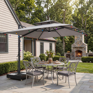 10×10 FT Double Top Aluminum Cantilever Patio Umbrella with LED Lights & Hook – Offset Outdoor Umbrella in Navy Blue/Tan/Gray