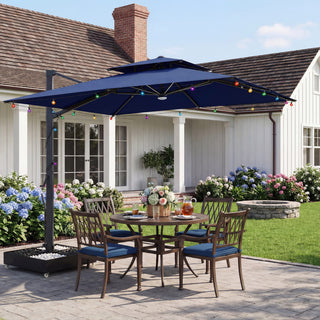 10×10 FT Double Top Aluminum Cantilever Patio Umbrella with LED Lights & Hook – Offset Outdoor Umbrella in Navy Blue/Tan/Gray