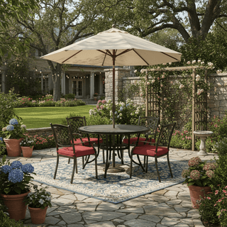 5-Piece Weatherproof Outdoor Furniture Set, Gray Tile Table & Rust-Proof Cast Aluminum Cushioned Chairs