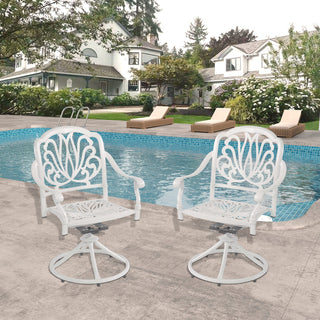 2-Piece White Cast Aluminum Outdoor Patio Swivel Dining Chairs for Garden, Deck & Backyard