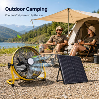 12-Inch Solar Floor Fan, 30W Adjustable Monocrystalline Panel, 1500mAh Rechargeable Battery, 3-Speed Remote & Dual Power – Yellow