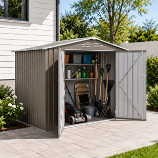 8x6 FT Outdoor Metal Storage Shed, Galvanized Steel Garden Shed with Lockable Double Doors & Vents