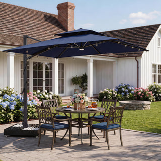 10×10 FT Double Top Aluminum Cantilever Patio Umbrella with LED Lights & Hook – Offset Outdoor Umbrella in Navy Blue/Tan/Gray