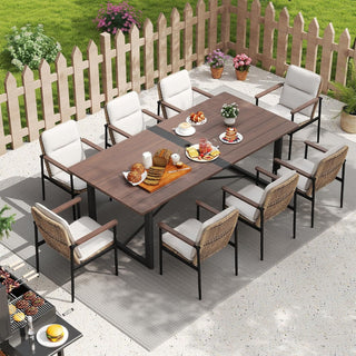 9-Piece Outdoor Patio Dining Furniture Set with Wooden Table, Umbrella Hole, Aluminum Frame Wicker Chairs & Olefin Cushions