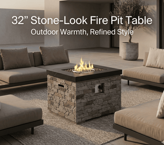 32-Inch 40,000 BTU Propane Fire Pit Table with Lightweight Concrete Finish, Lava Rocks & Cover