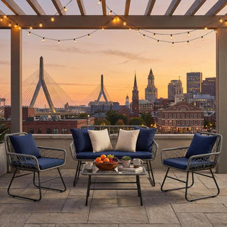 4-Piece Wicker Patio Furniture Set With Tempered Glass Table, Detachable Blue Cushion