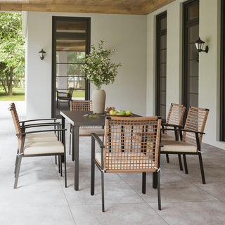 7-Piece Outdoor Patio Dining Set with 6 Cushioned Chairs and Slatted Metal Table with Umbrella Hole for Backyard, Garden & Poolside