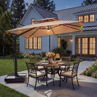 10×10 FT Double Top Aluminum Cantilever Patio Umbrella with LED Lights & Hook – Offset Outdoor Umbrella in Navy Blue/Tan/Gray