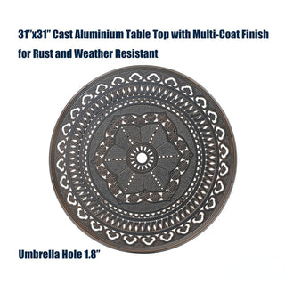 40" Round Cast Aluminum Outdoor Dining Table in Antique Bronze/White with 1.9" Umbrella Hole, Standard Height for Patio & Garden
