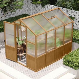 6x8 FT Wooden Walk-In Greenhouse with 6mm Polycarbonate Panels & Adjustable Roof Vent – Outdoor Garden Greenhouse for Backyard & Patio