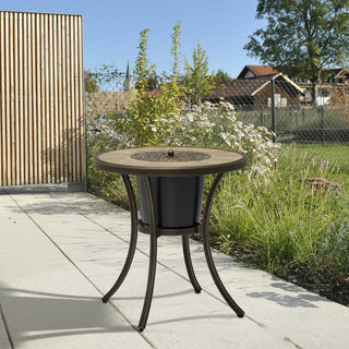 28 Inch Wood Grain Ceramic Top Cast Aluminum Bistro Table with Built-in Ice Bucket Rust Proof Outdoor Patio Table