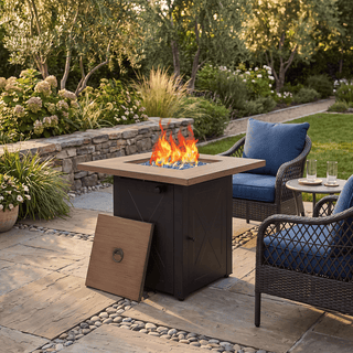 50,000 BTU Outdoor Propane Fire Pit Table, ETL Certified Gas Fire Pit with Side Door, Wood-Look Tabletop & X-Shaped Base