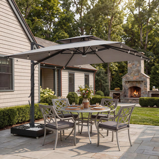 10×10 FT Double Top Aluminum Cantilever Patio Umbrella with LED Lights & Hook – Offset Outdoor Umbrella in Navy Blue/Tan/Gray