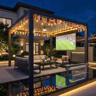 Solar-Powered Aluminum Electric  Louvered Pergola With Ceiling Fan & LED Light