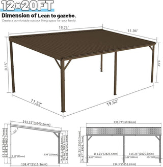 Wall-Mounted Hardtop Lean-to Gazebo with Gutters – Galvanized Steel Roof Outdoor Pergola Canopy