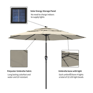 10FT 3-Tier Solar LED Patio Umbrella with Tilt & Crank, Aluminum Market Umbrella for Backyard, Deck & Garden