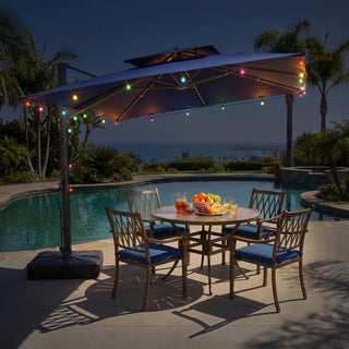 10 FT Square Aluminum Cantilever Patio Umbrella with Hook – Offset Outdoor Umbrella in Navy Blue/Tan/Gray for Patio & Garden
