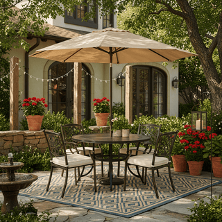 5-Piece Outdoor Dining Set - Round Gray Tile Table & Cast Aluminum Cushioned Chairs
