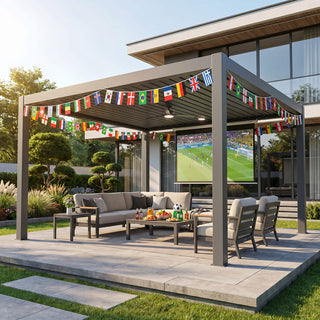 Solar-Powered Aluminum Electric  Louvered Pergola With Ceiling Fan & LED Light