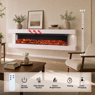 32"/50"/60"/72" Wall-Mounted Electric Fireplace with Suspended LED Lighting, Modern Indoor Fireplace for Living Room