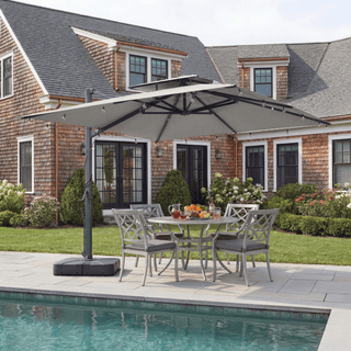 10 FT Square Aluminum Cantilever Patio Umbrella with Hook – Offset Outdoor Umbrella in Navy Blue/Tan/Gray for Patio & Garden