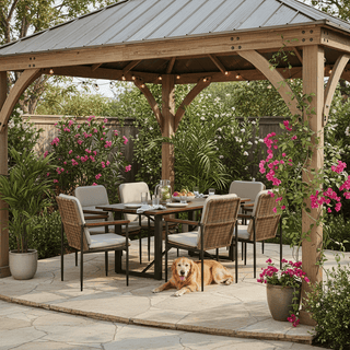 7-Piece Outdoor Patio Dining Set with Wooden Table & Umbrella Hole | 6 Wicker Chairs with Aluminum Frame & Olefin Cushions