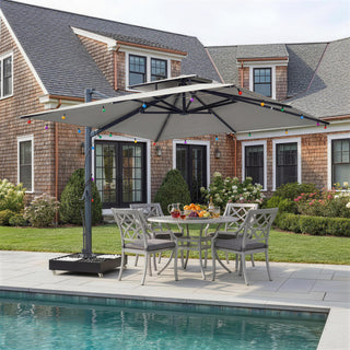 10 FT Square Aluminum Cantilever Patio Umbrella with Hook – Offset Outdoor Umbrella in Navy Blue/Tan/Gray for Patio & Garden