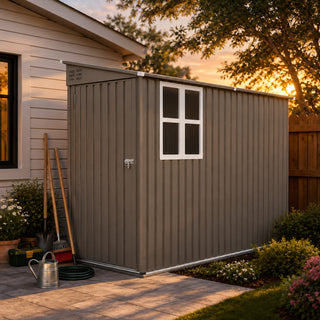 4x9 FT Galvanized Steel Storage Shed with Translucent Window, Metal Garden Tool Shed for Backyard & Garden – Olive Gray