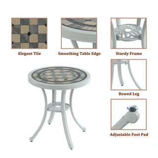 3-Piece White/Bronze Cast Aluminum Outdoor Bistro Set with Round Ceramic Tile Tabletop & 2 Armless Chairs for Patio, Garden & Balcony