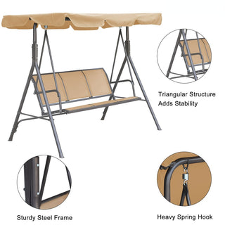 3-Person Beige Patio Swing Chair with Adjustable Waterproof Canopy for Outdoor Garden Backyard