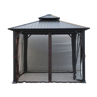 10x10 FT Steel Frame Hardtop Gazebo with Double Roof, Netting & Ceiling Hook for Patio & Backyard