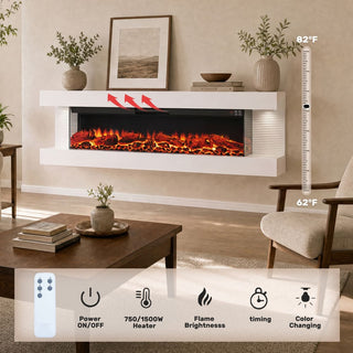 32"/50"/60"/72" Wall-Mounted Electric Fireplace with Suspended LED Lighting, Modern Indoor Fireplace for Living Room