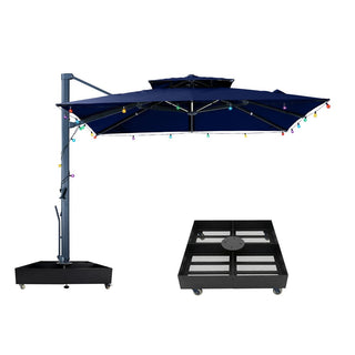 10 FT Square Aluminum Cantilever Patio Umbrella with Hook – Offset Outdoor Umbrella in Navy Blue/Tan/Gray for Patio & Garden