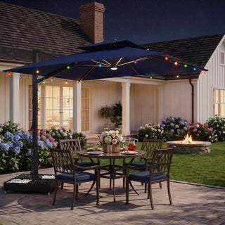 10×10 FT Double Top Aluminum Cantilever Patio Umbrella with LED Lights & Hook – Offset Outdoor Umbrella in Navy Blue/Tan/Gray