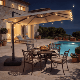 10 FT Square Aluminum Cantilever Patio Umbrella with Hook – Offset Outdoor Umbrella in Navy Blue/Tan/Gray for Patio & Garden