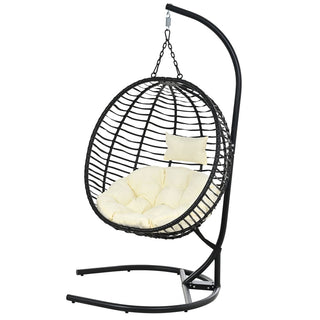 Single Folding Wicker Hanging Egg Chair with Stand, Indoor Outdoor Swing Hammock Chair, Adjustable Anti-Slip Feet for Balcony Bedroom Patio
