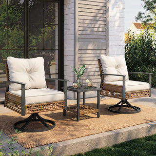 3-Piece Wicker Rocking Bistro Set with Cushioned Swivel Rocking Chairs & Coffee Table for Porch, Patio & Backyard