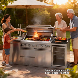44-Inch Deluxe 6-Burner 85,000 BTU Stainless Steel Outdoor Kitchen Island Grill With Wine Cooler, Rotisserie & Granite Countertops