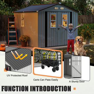 8x8 Ft Outdoor Storage Shed with Protective Coating, 4 Daylight Windows & Lockable Doors, Dual Color Options White/Dark Gray