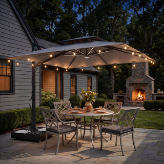10×10 FT Double Top Aluminum Cantilever Patio Umbrella with LED Lights & Hook – Offset Outdoor Umbrella in Navy Blue/Tan/Gray