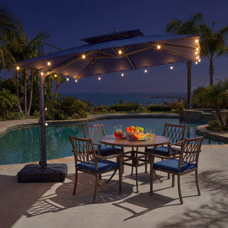 10 FT Square Aluminum Cantilever Patio Umbrella with Hook – Offset Outdoor Umbrella in Navy Blue/Tan/Gray for Patio & Garden