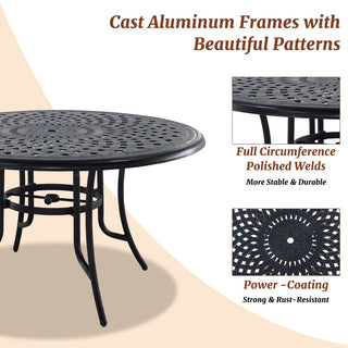 51" Round Cast Aluminum Outdoor Dining Table with Umbrella Hole – Patio Table for Porch & Backyard