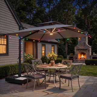 10×10 FT Double Top Aluminum Cantilever Patio Umbrella with LED Lights & Hook – Offset Outdoor Umbrella in Navy Blue/Tan/Gray