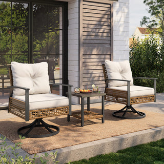 3-Piece Wicker Rocking Bistro Set with Cushioned Swivel Rocking Chairs & Coffee Table for Porch, Patio & Backyard