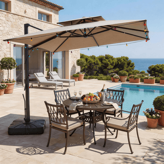 10 FT Square Aluminum Cantilever Patio Umbrella with Hook – Offset Outdoor Umbrella in Navy Blue/Tan/Gray for Patio & Garden