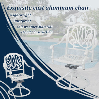 2-Piece White Cast Aluminum Outdoor Patio Swivel Dining Chairs for Garden, Deck & Backyard
