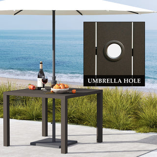 Square Outdoor Dining Table for 4 | Slatted Metal Patio Table with Umbrella Hole for Garden, Deck, Lawn & Backyard (Brown)